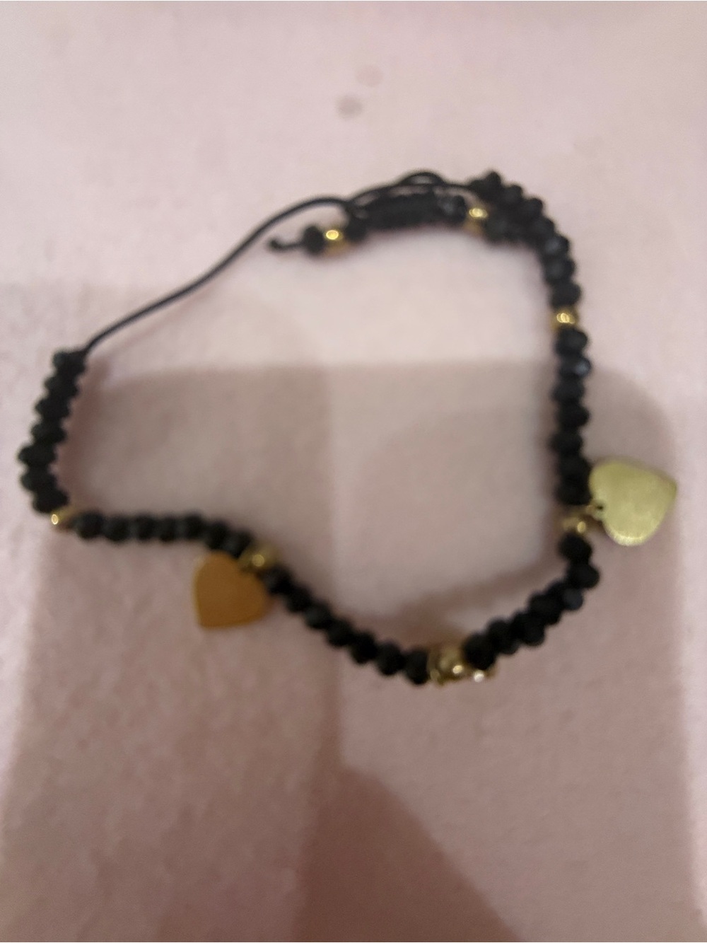 Black Beaded Heart Charm Bracelet - Gold Accents